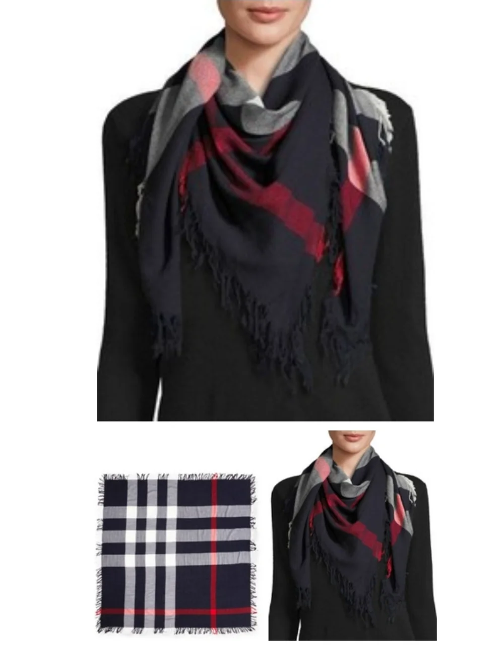 Burberry Tricolor Dark Navy Red White Fringe Scarf Shawl Square